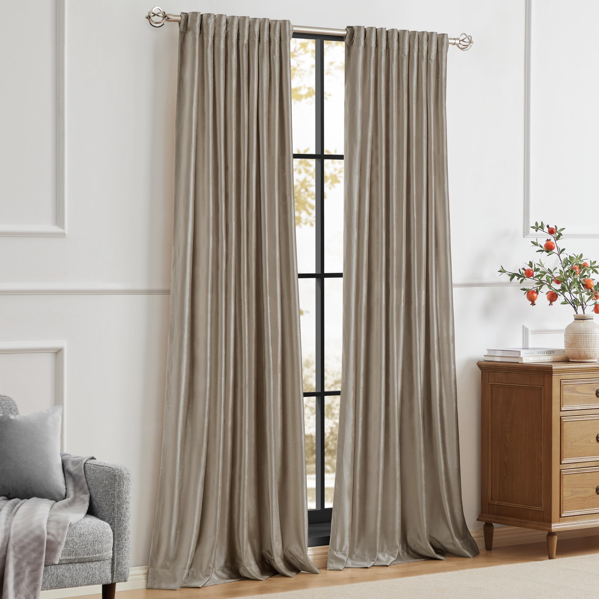 PRIMROSE Taupe curtains illustrating sound reduction for quieter spaces.