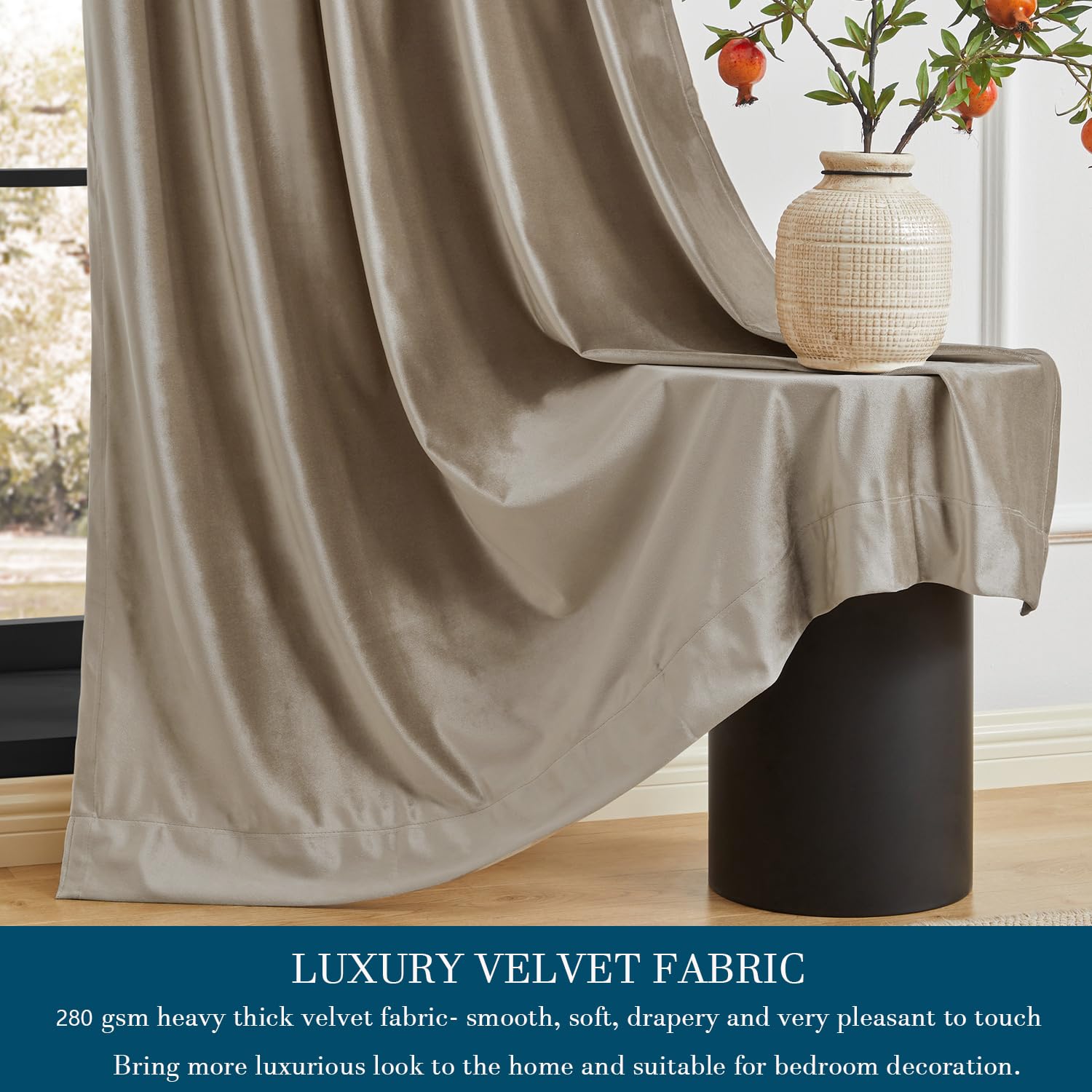 PRIMROSE Taupe curtains showing rod-pocket and back-tab hanging for versatile styling.