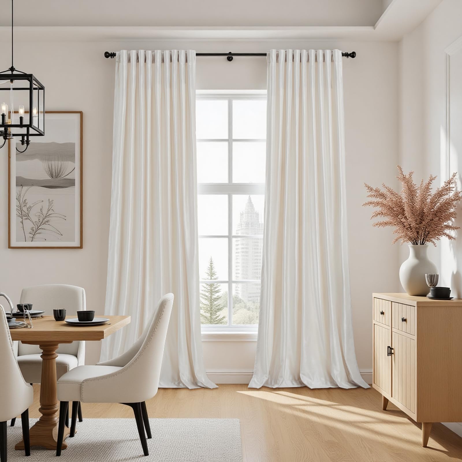 PRIMROSE ivory velvet curtains enhance a contemporary living room aesthetic