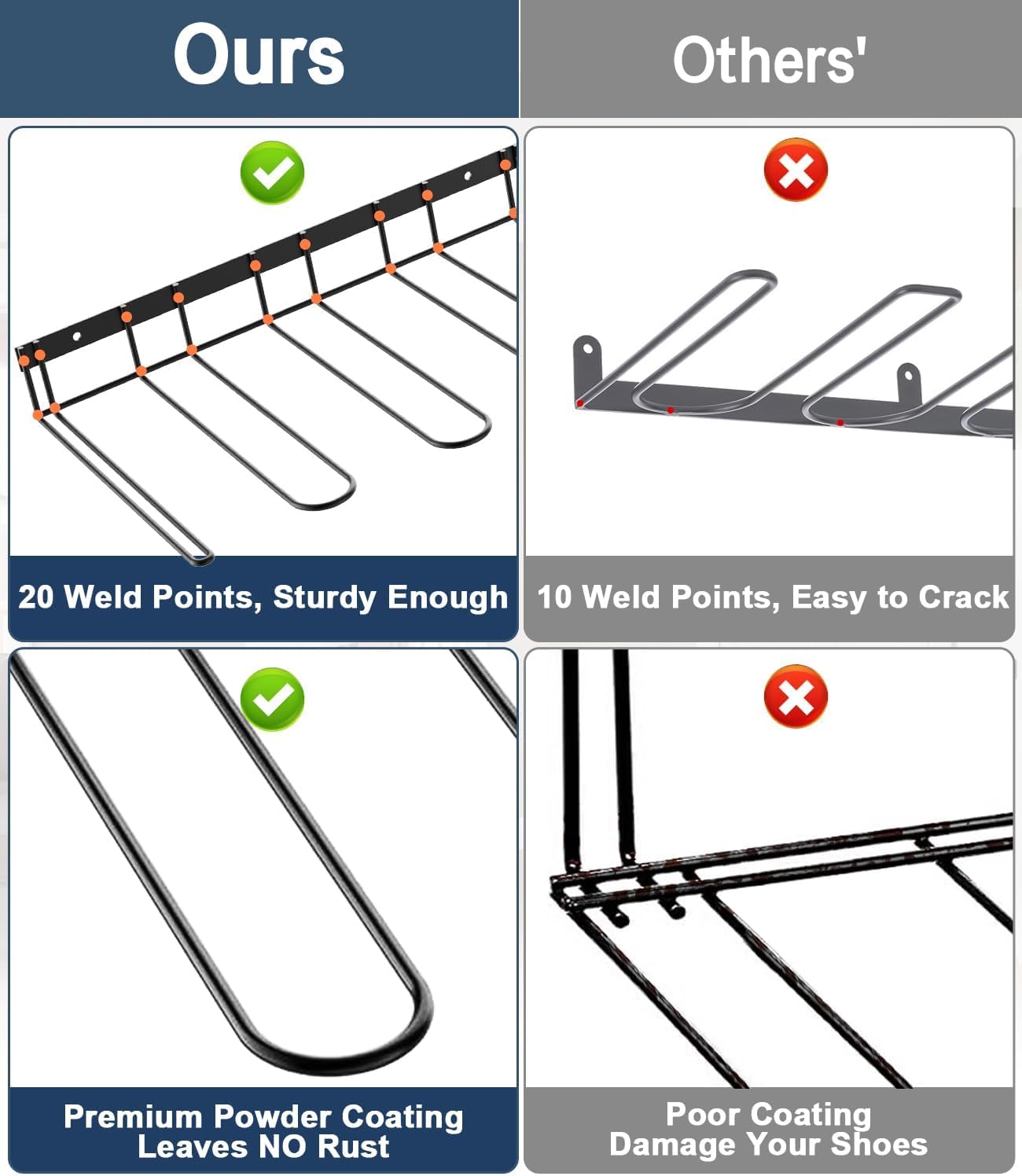 PrimZooty metal boot rack closeup shows welded frame and coating