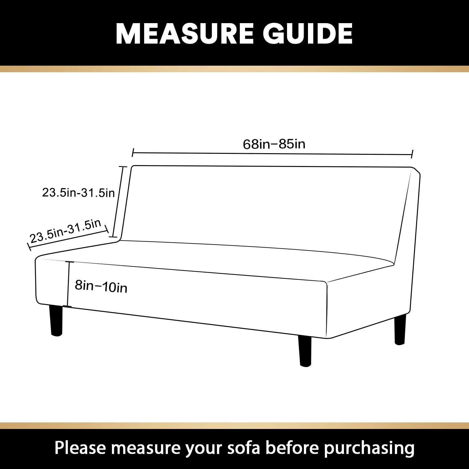 PrinceDeco slipcover highlights size options for 68–85 inch futon widths.