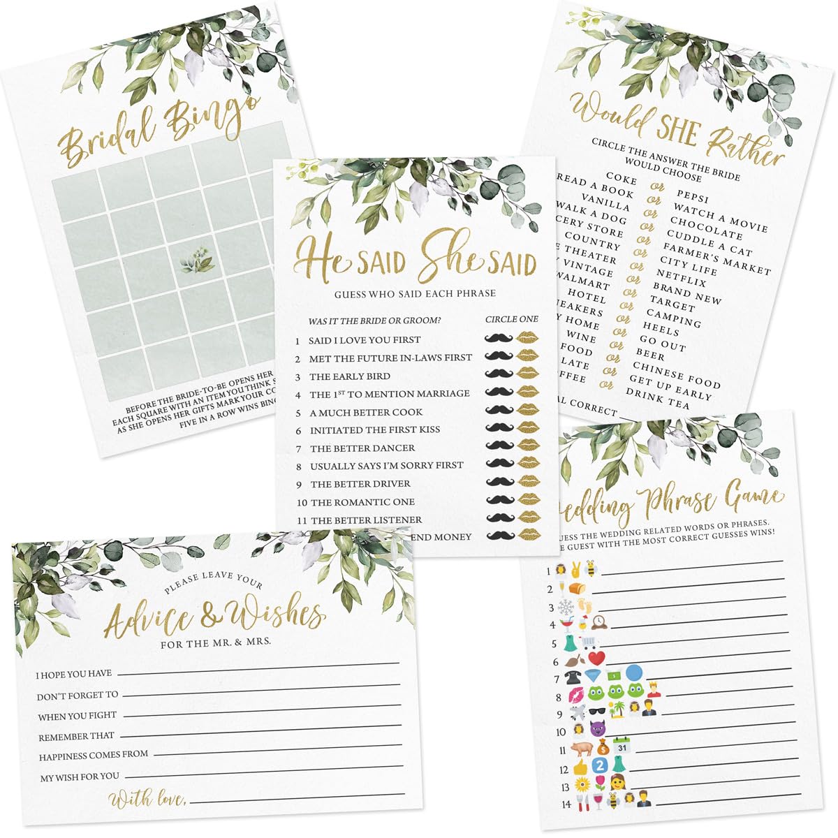 Printed Party Bridal Shower Game Set cover image showing 5 games for easy guest fun
