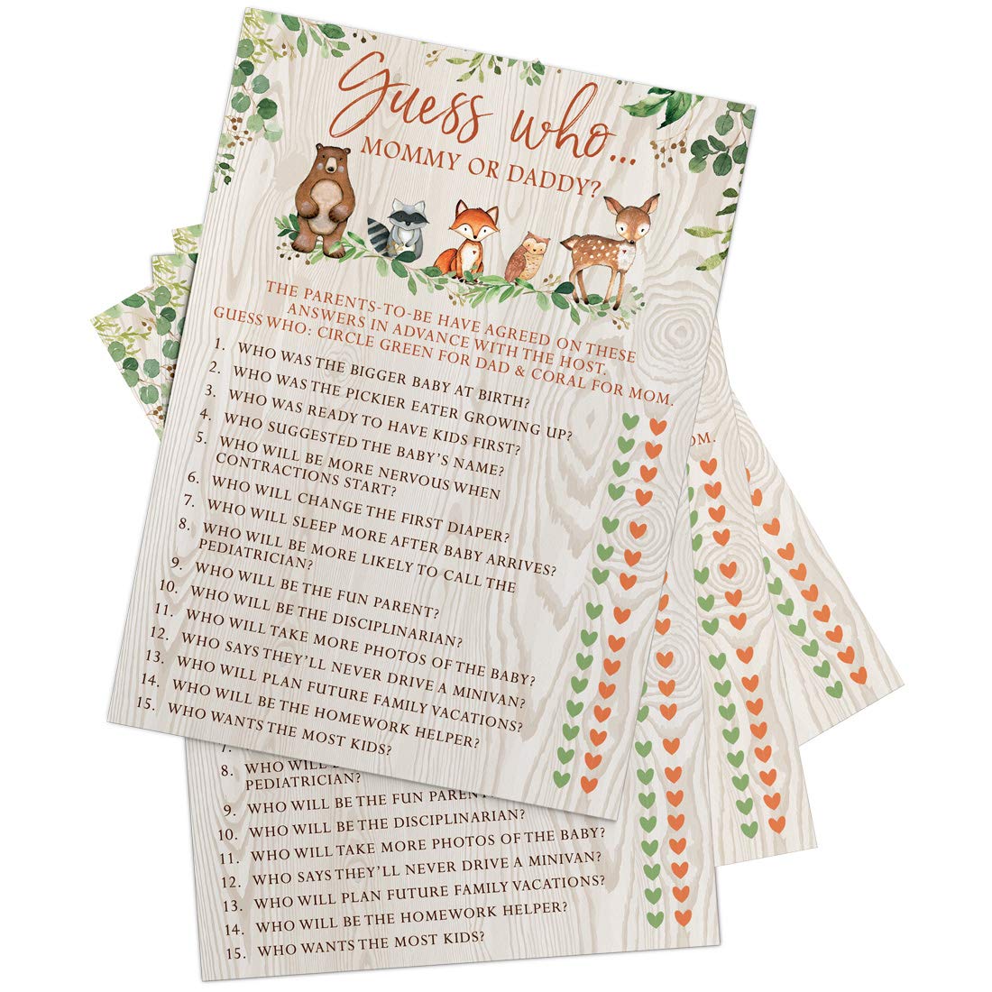 Printed Party Woodland mommy-daddy trivia cards sparking playful stories