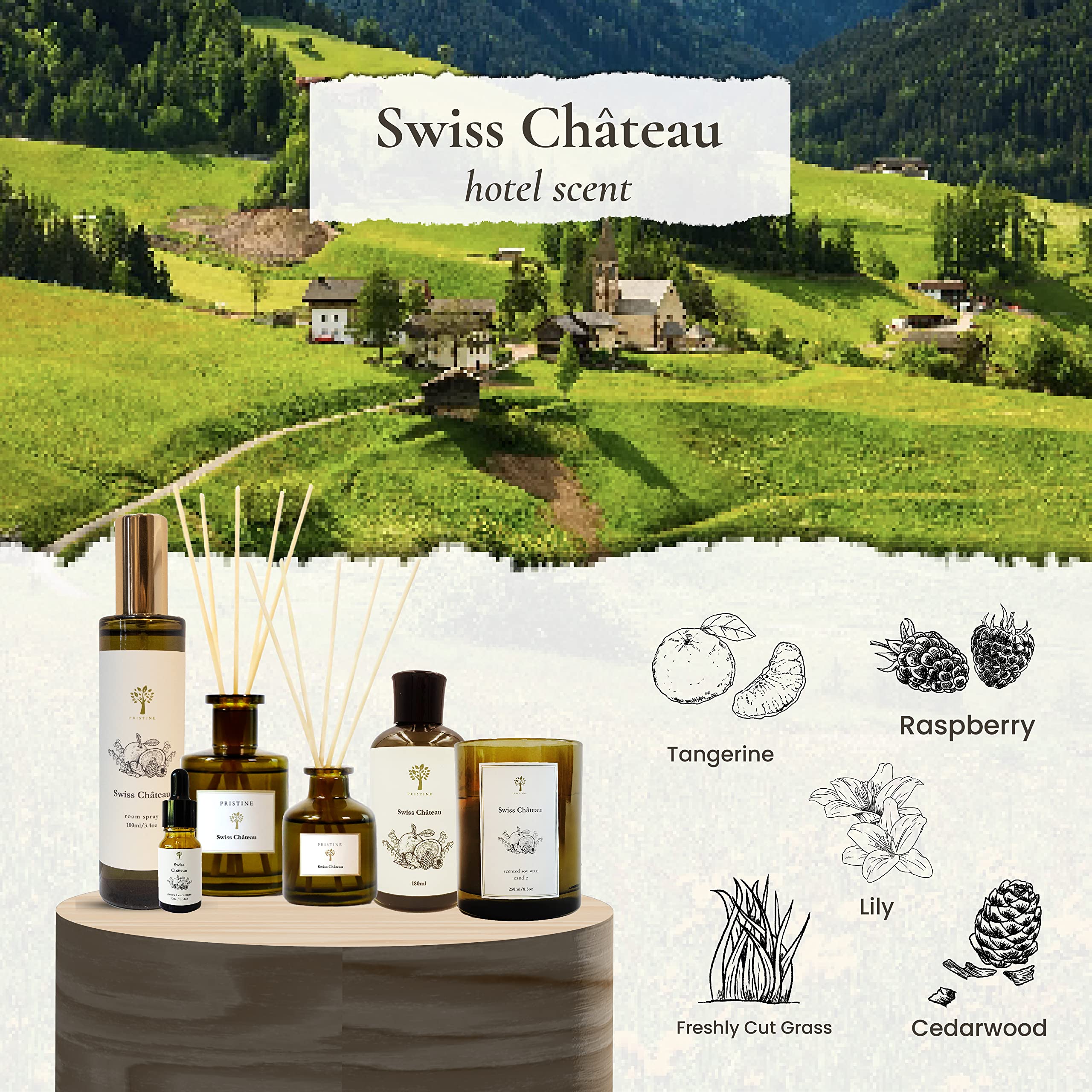 Pristine Swiss Château spray mist ready to refresh bedroom or office.