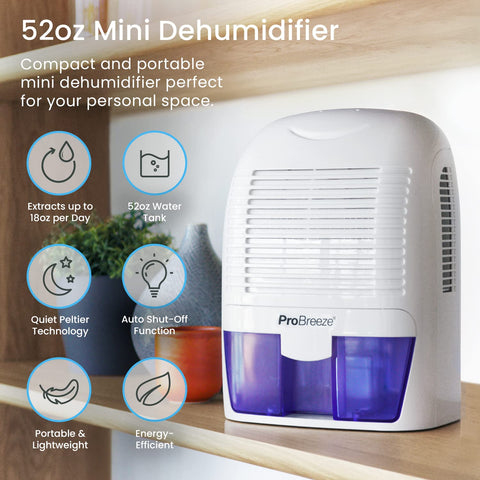 Compact design of Pro Breeze mini dehumidifier fits tight spaces without compromising performance