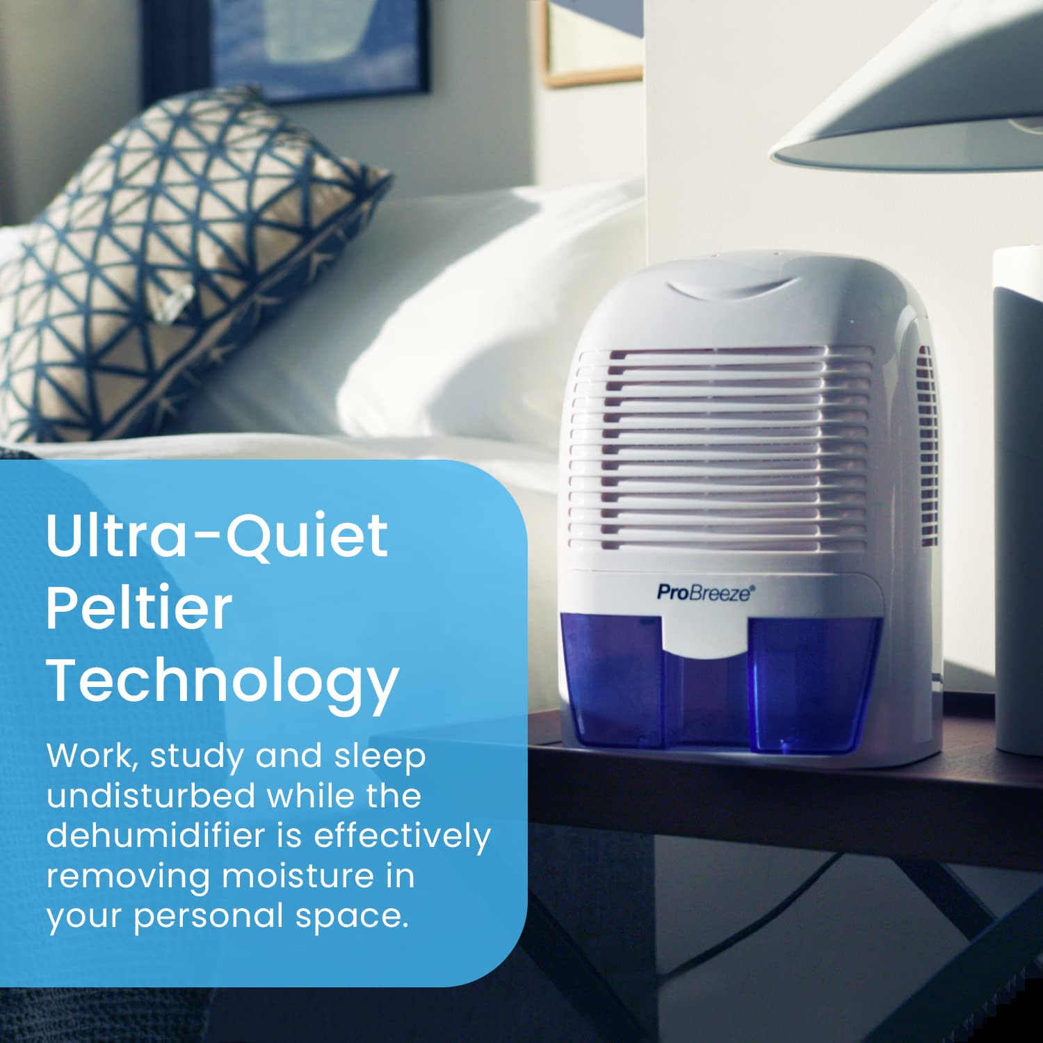 Bedroom setup shows Pro Breeze mini dehumidifier delivering calm, dry air