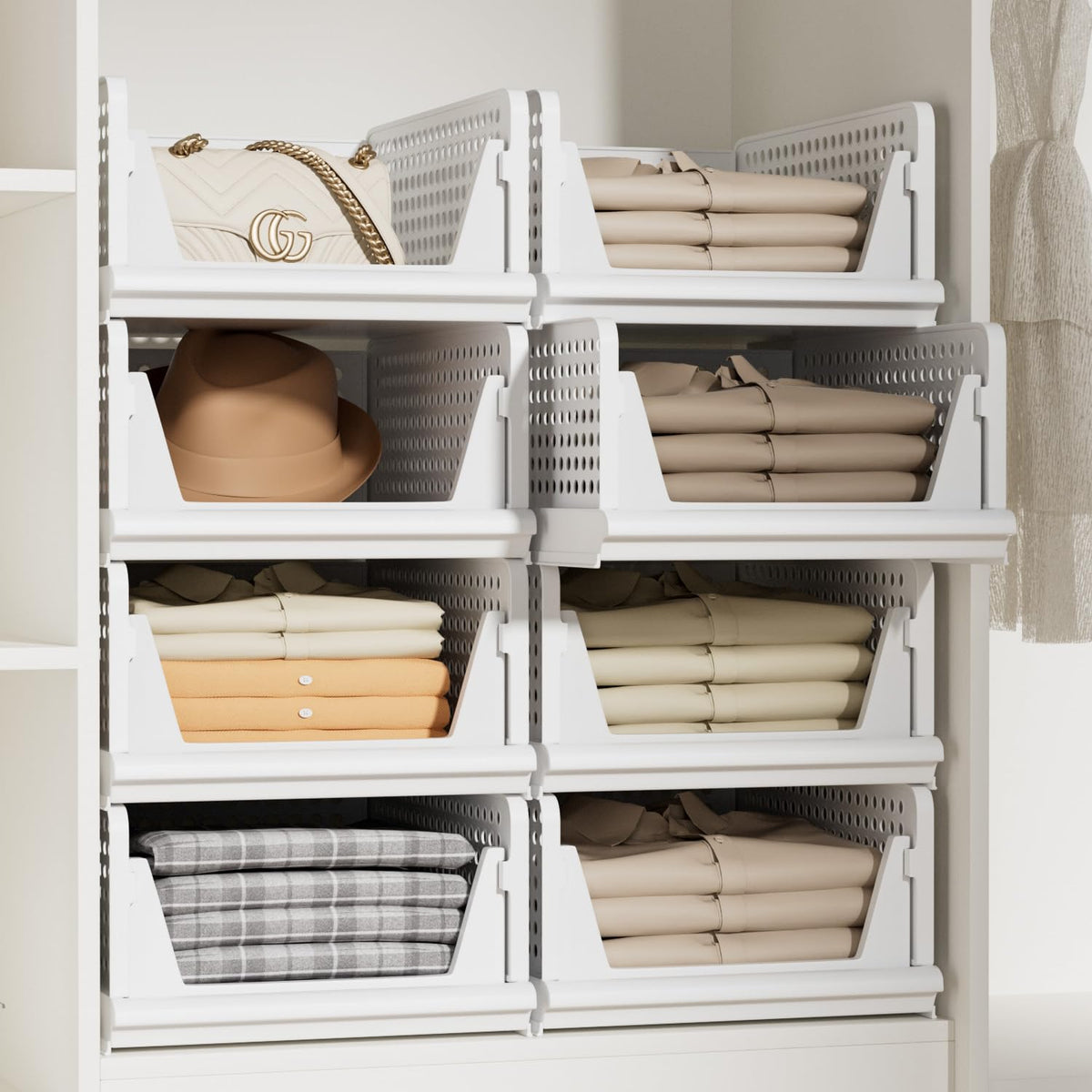 Proarea 5-pack stackable bins organized on a shelf for clothing.