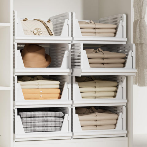 Proarea 5-pack stackable bins organized on a shelf for clothing.