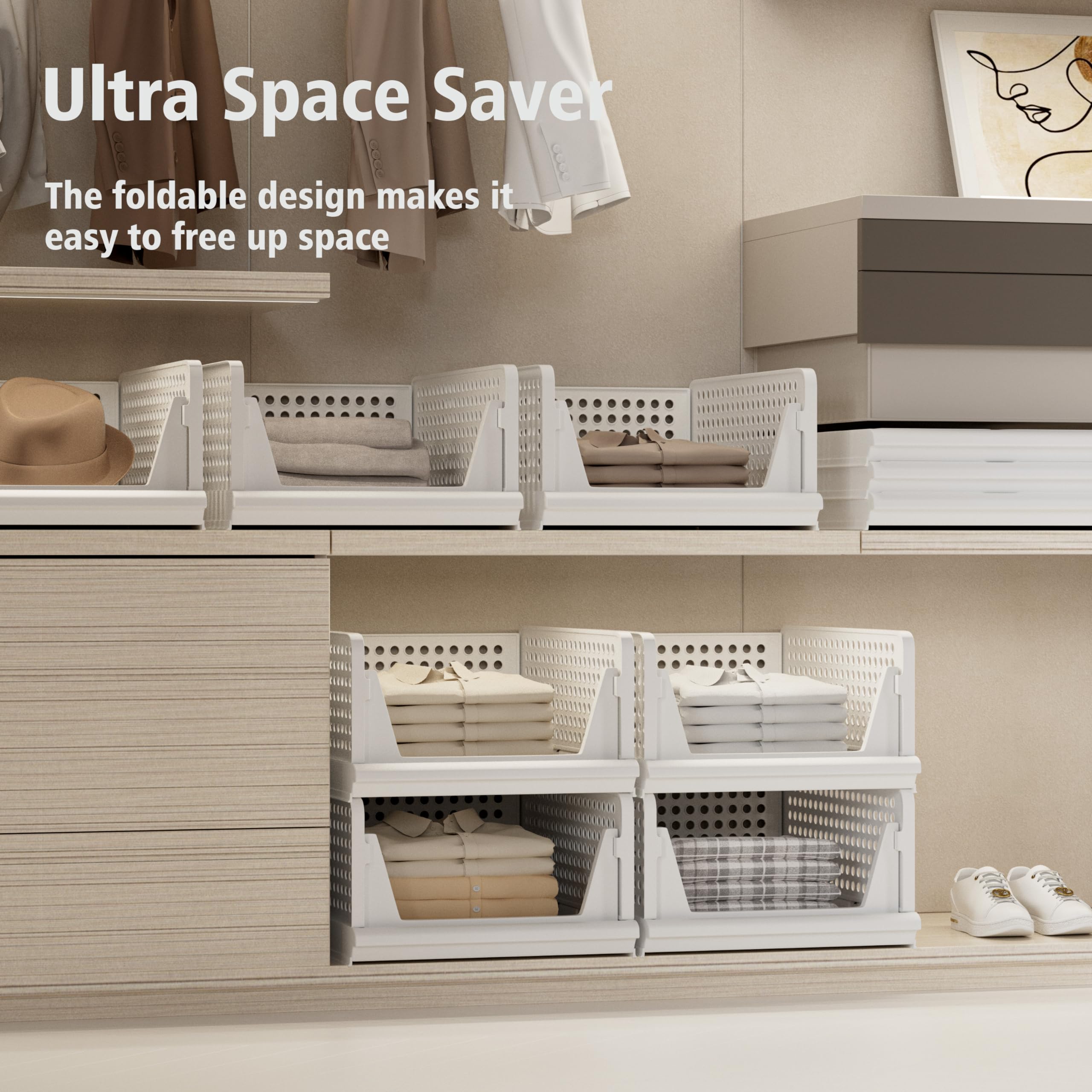 Foldable Proarea closet organizer bins save space on a wardrobe shelf.