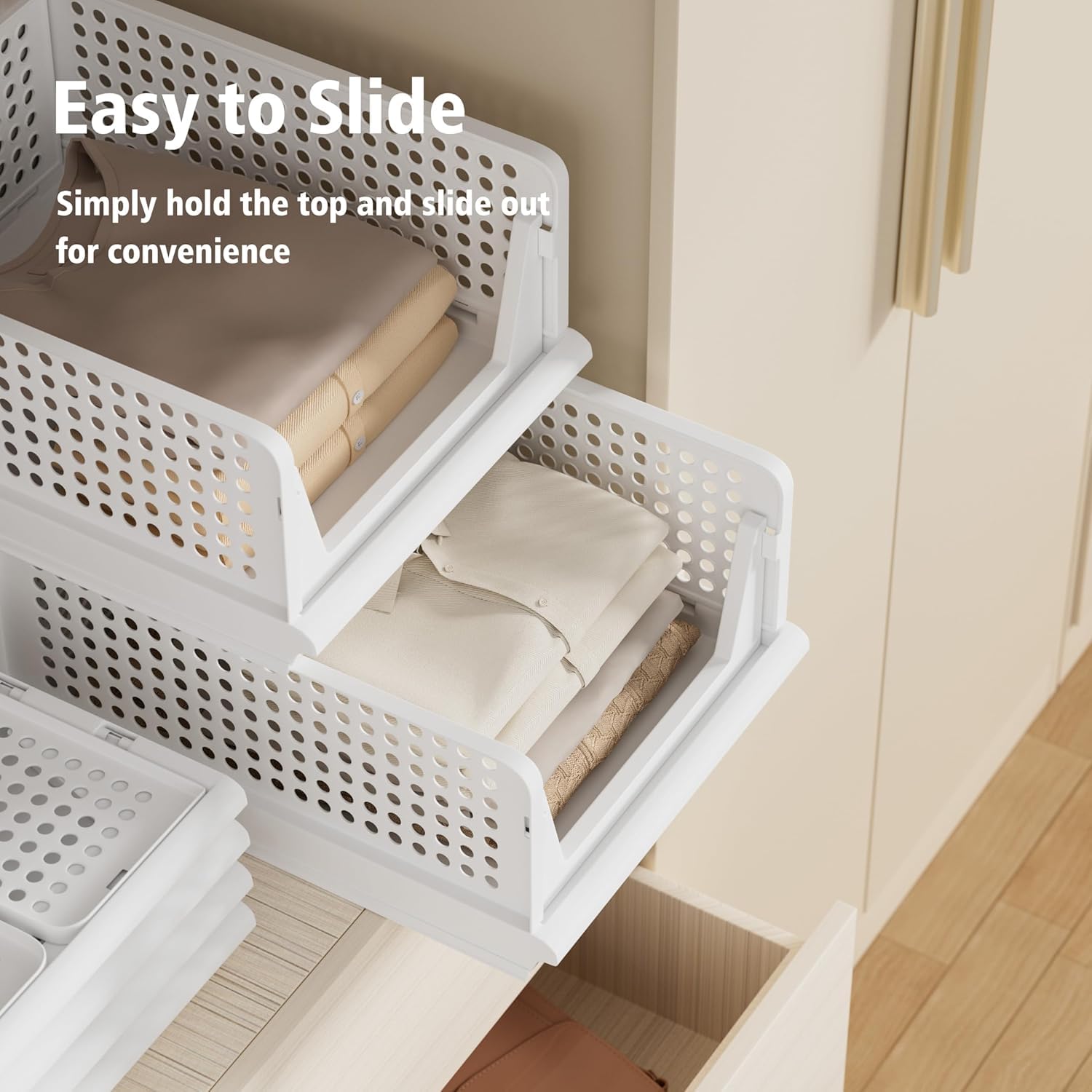 White Proarea closet bins neatly hold clothes in a wardrobe.