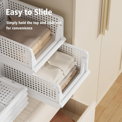 White Proarea closet bins neatly hold clothes in a wardrobe.