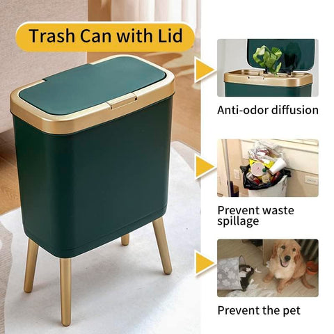Procade one-press lid trash bin demonstrates easy, touch-free operation.