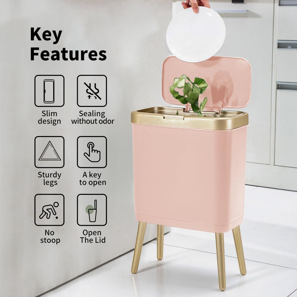 Procade push button lid on pink trash can for easy disposal.