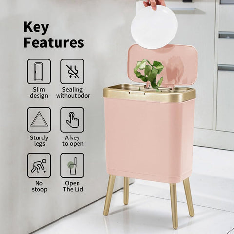 Procade push button lid on pink trash can for easy disposal.