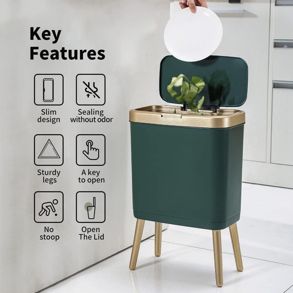 Procade slim trash can design fits tight spaces between toilet and cabinet.