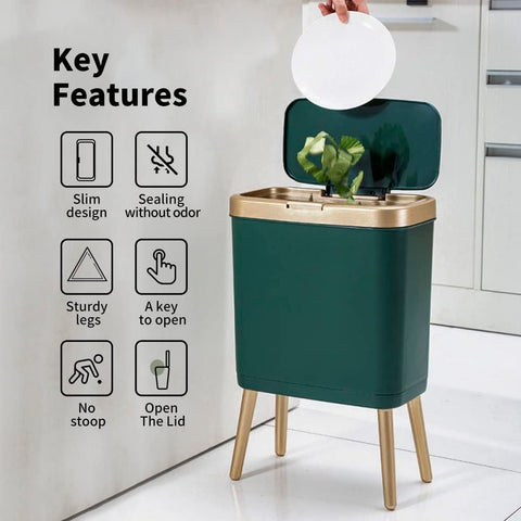 Procade slim trash can design fits tight spaces between toilet and cabinet.