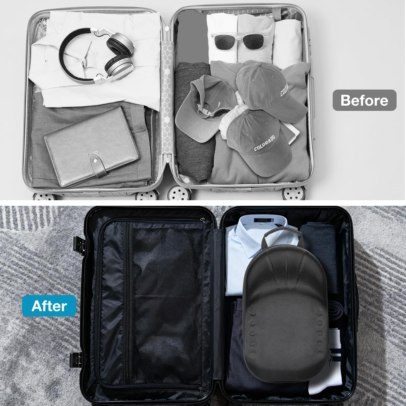 Interior space is designed for overhead-bin friendly case dimensions