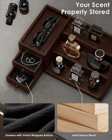 ProCase wooden organizer on dresser top elevating fragrance and skincare arrangement