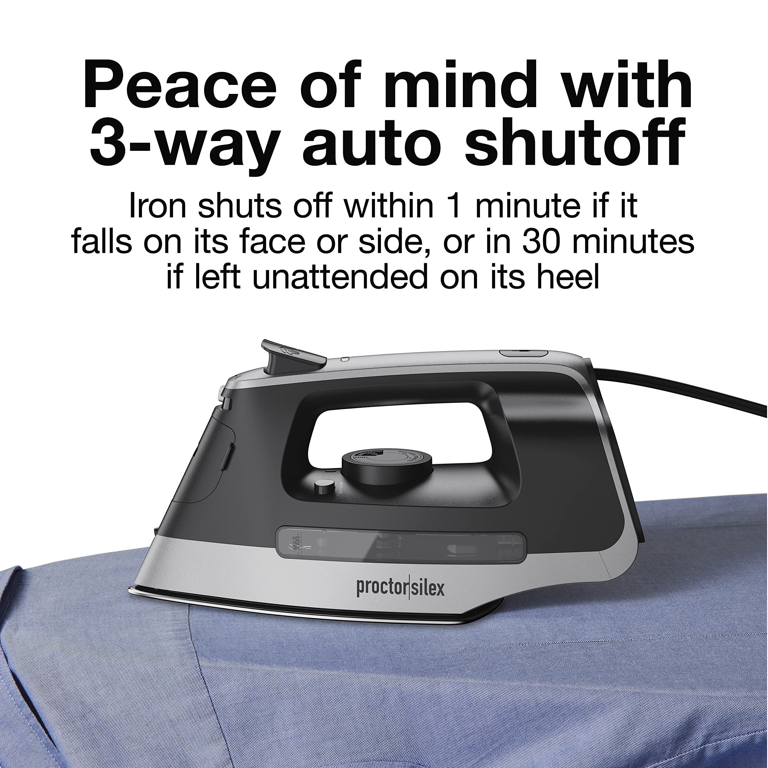 Proctor Silex steam iron demonstrating 3-way auto shutoff for safer ironing routines.