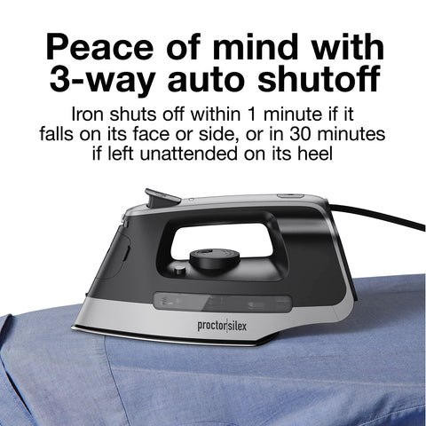 Proctor Silex steam iron demonstrating 3-way auto shutoff for safer ironing routines.