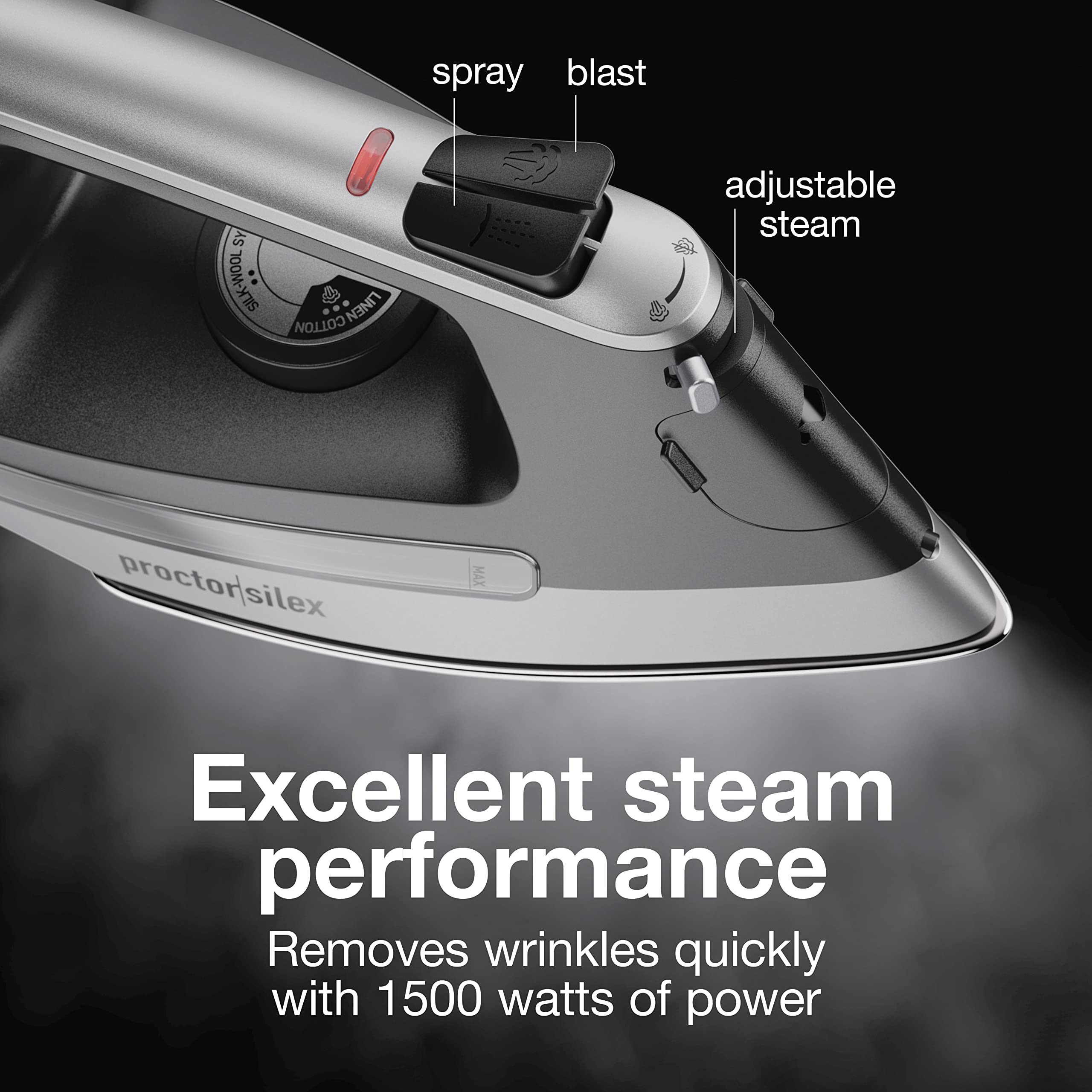 Proctor Silex steam iron delivering adjustable steam, spray, and blast for versatile ironing.