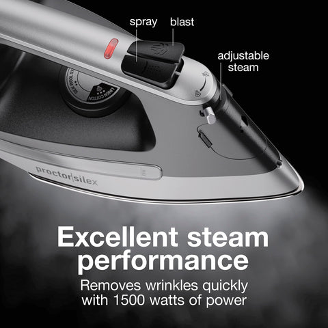 Proctor Silex steam iron delivering adjustable steam, spray, and blast for versatile ironing.