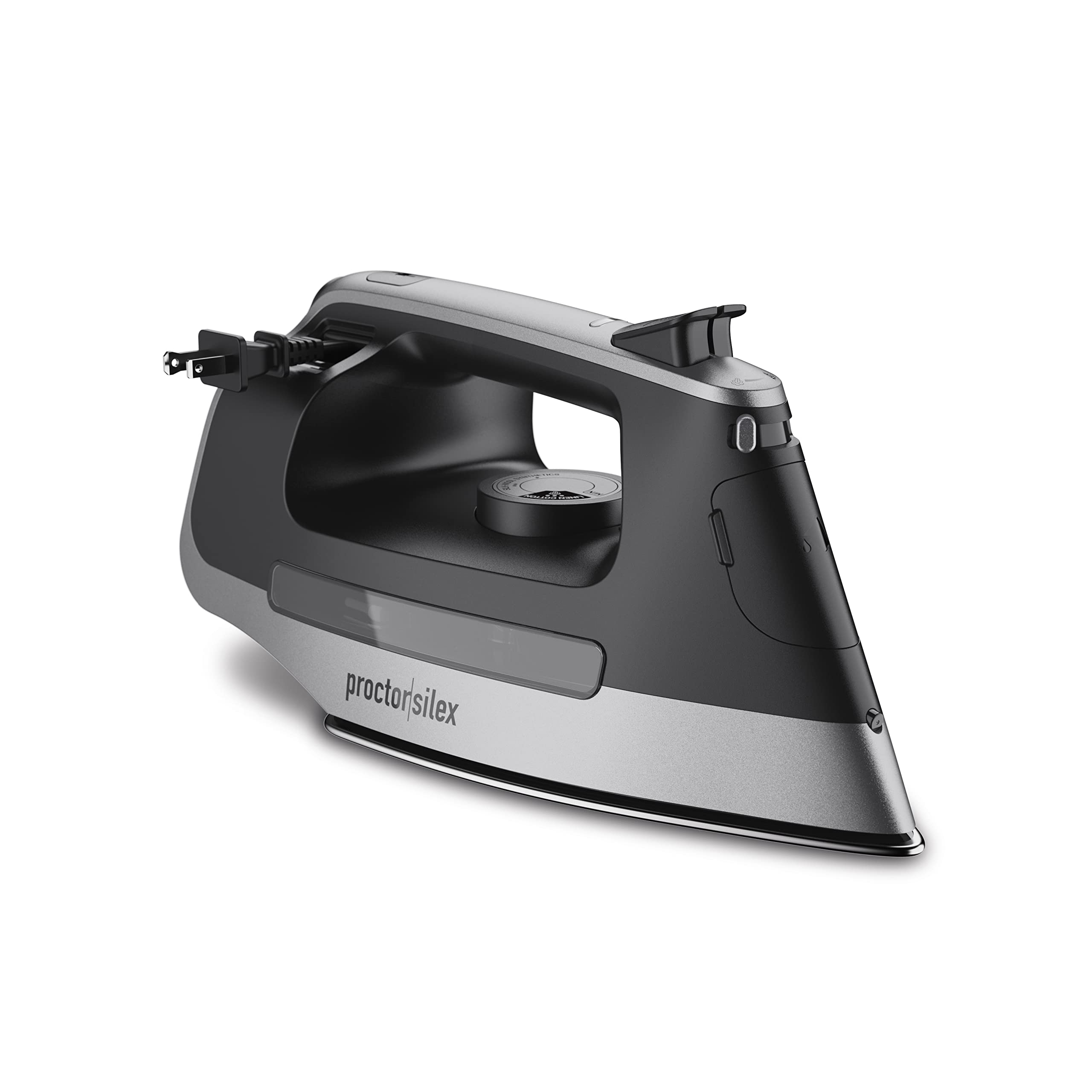 Proctor Silex steam iron with stainless steel soleplate gliding smoothly over fabric for wrinkle-free results.