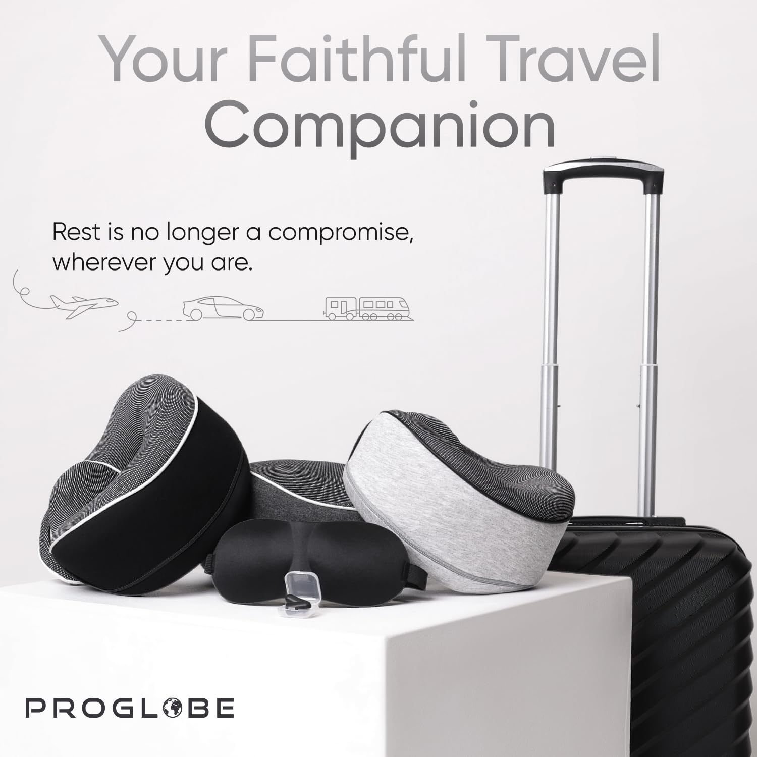 Proglobe foldable travel pillow fits easily in a carry-on bag.