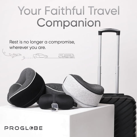 Proglobe foldable travel pillow fits easily in a carry-on bag.