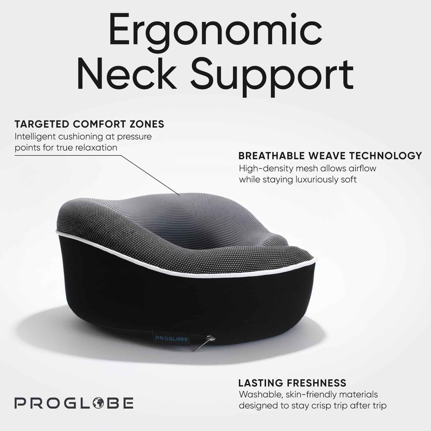 Proglobe neck pillow velcro-adjustment feature highlights customizable fit for varying neck sizes