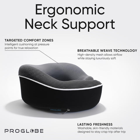 Proglobe neck pillow velcro-adjustment feature highlights customizable fit for varying neck sizes