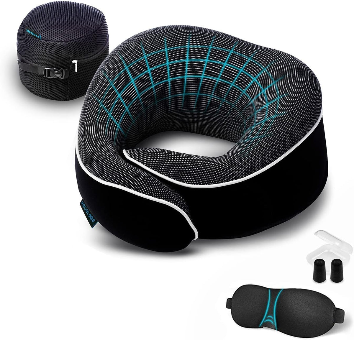 Proglobe orthopedic neck pillow on airplane setup offering relaxed neck support during travel