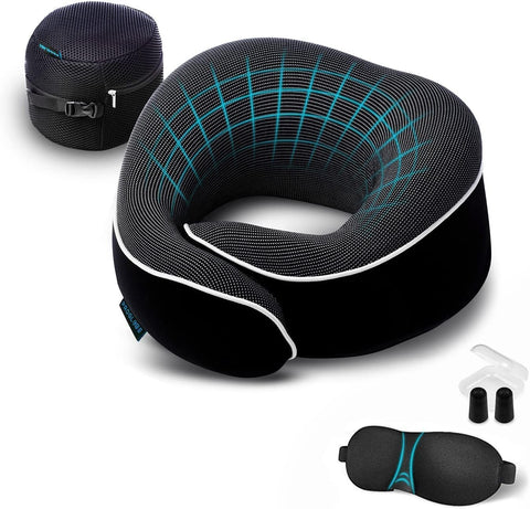Proglobe orthopedic neck pillow on airplane setup offering relaxed neck support during travel