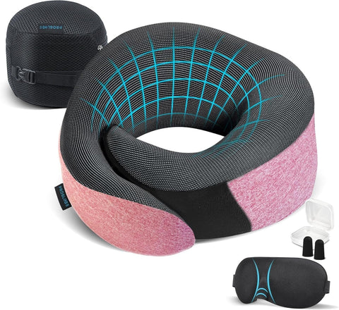 Proglobe pink airplane travel pillow offers cozy neck support on long flights.