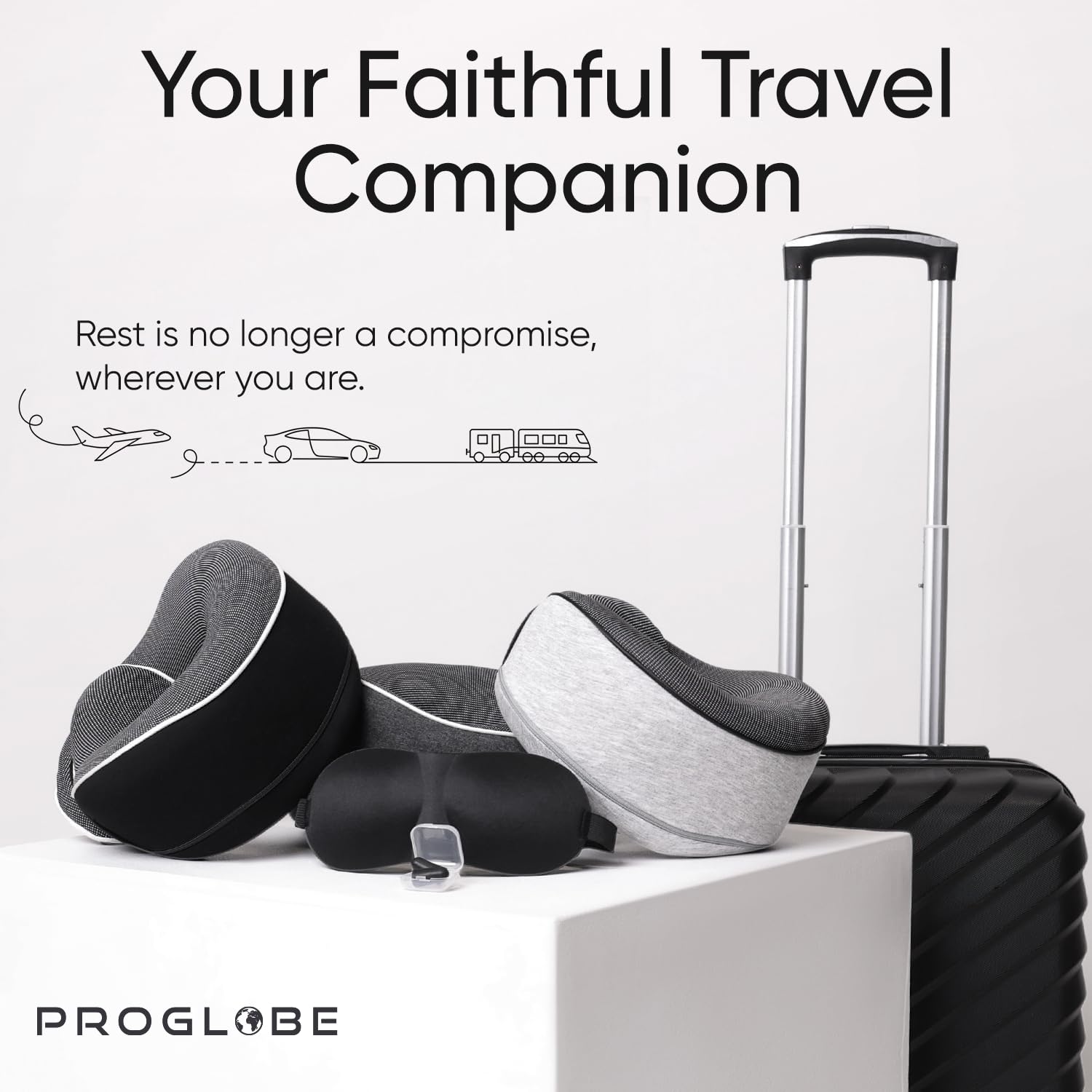 Proglobe travel kit in mesh bag demonstrates all-in-one comfort for long journeys