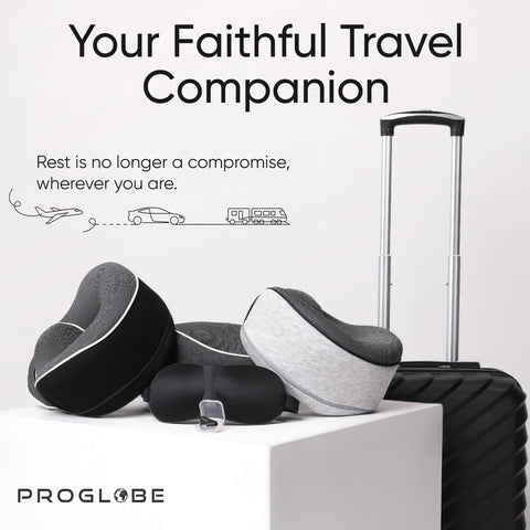 Proglobe travel kit in mesh bag demonstrates all-in-one comfort for long journeys