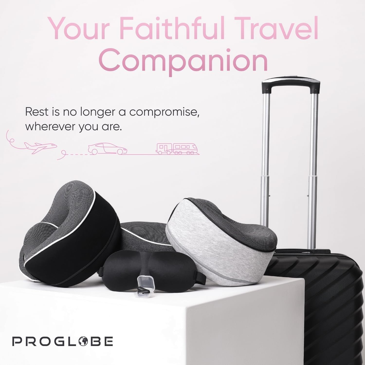 Proglobe travel kit includes eye mask and earplugs for organized in-flight comfort.