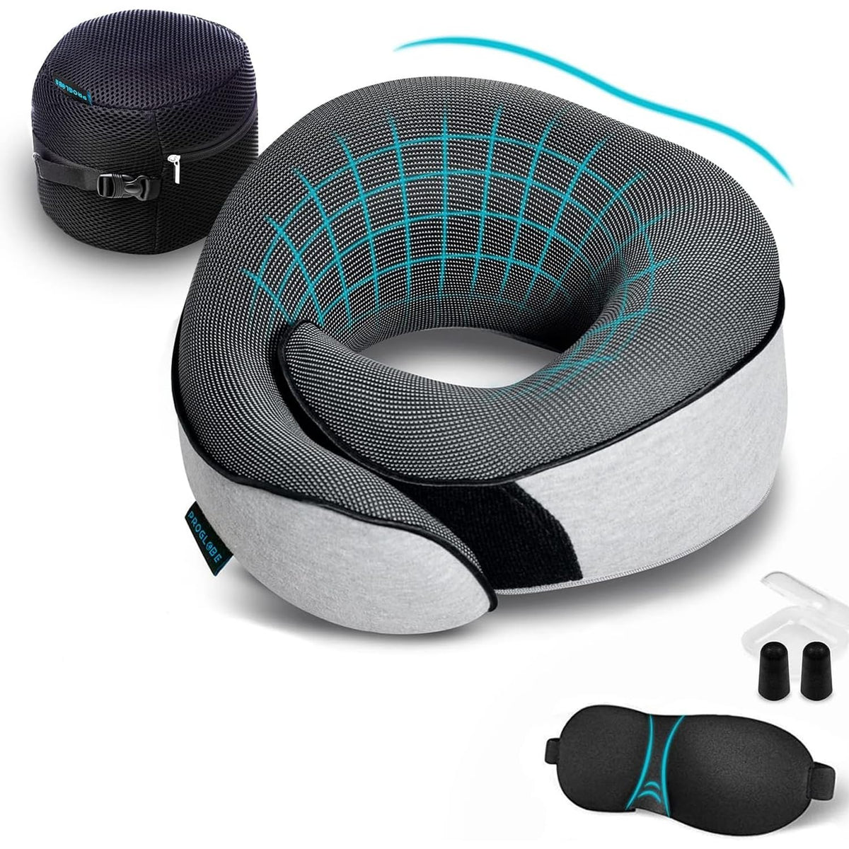 Proglobe travel neck pillow provides 360-degree support for comfortable rest on flights.