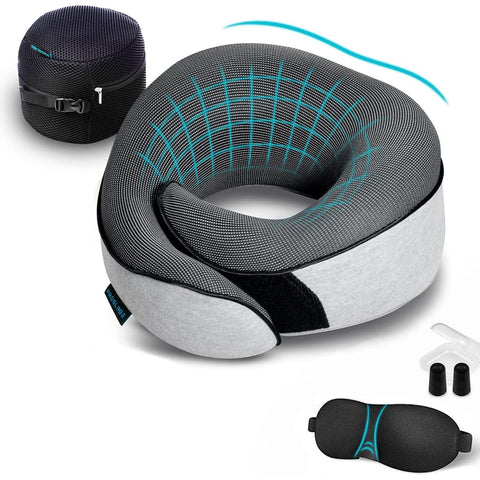 Proglobe travel neck pillow provides 360-degree support for comfortable rest on flights.