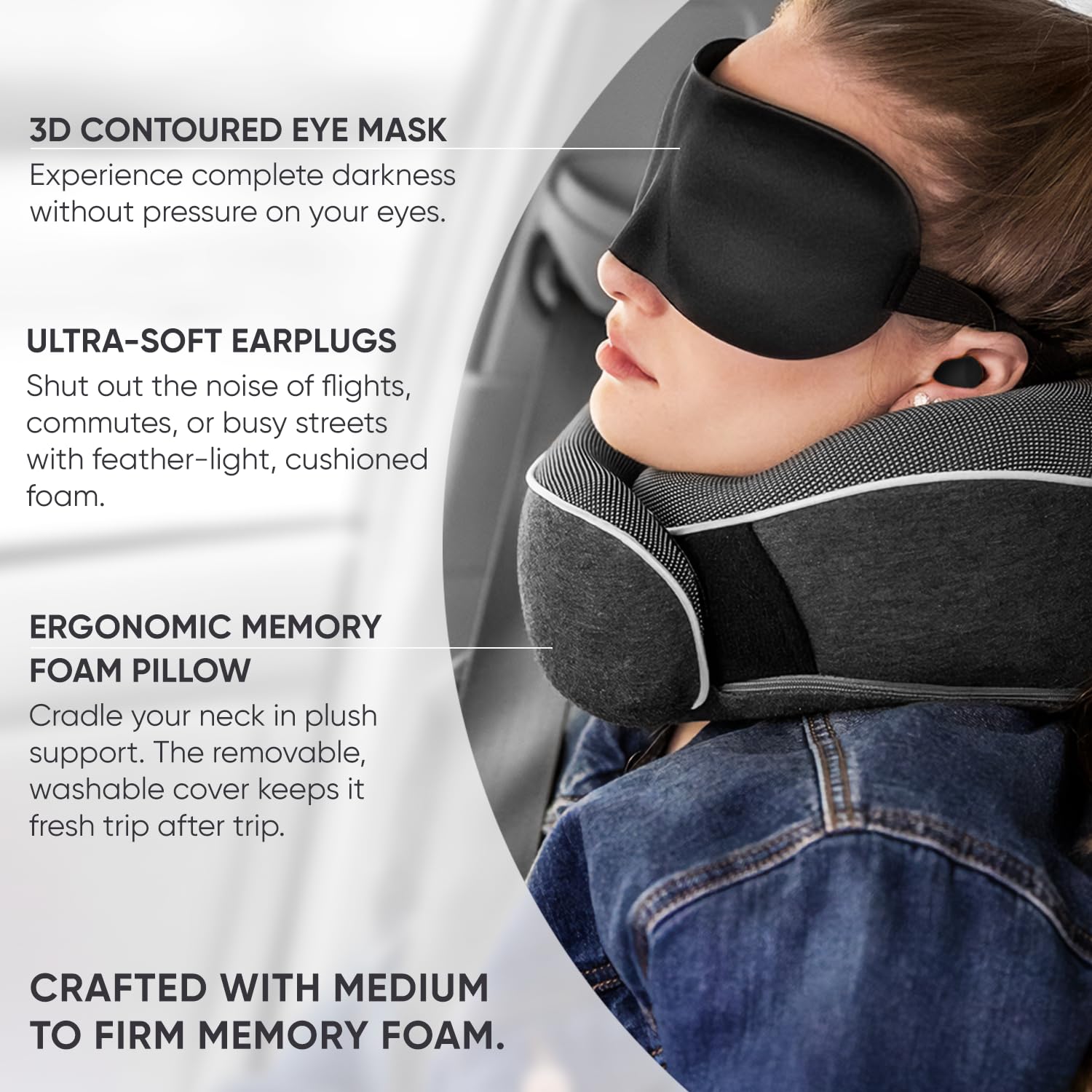 Proglobe neck pillow with eye mask included for darkness.
