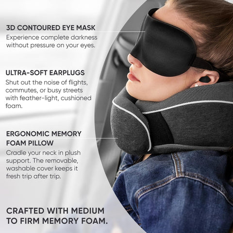 Proglobe neck pillow with eye mask included for darkness.
