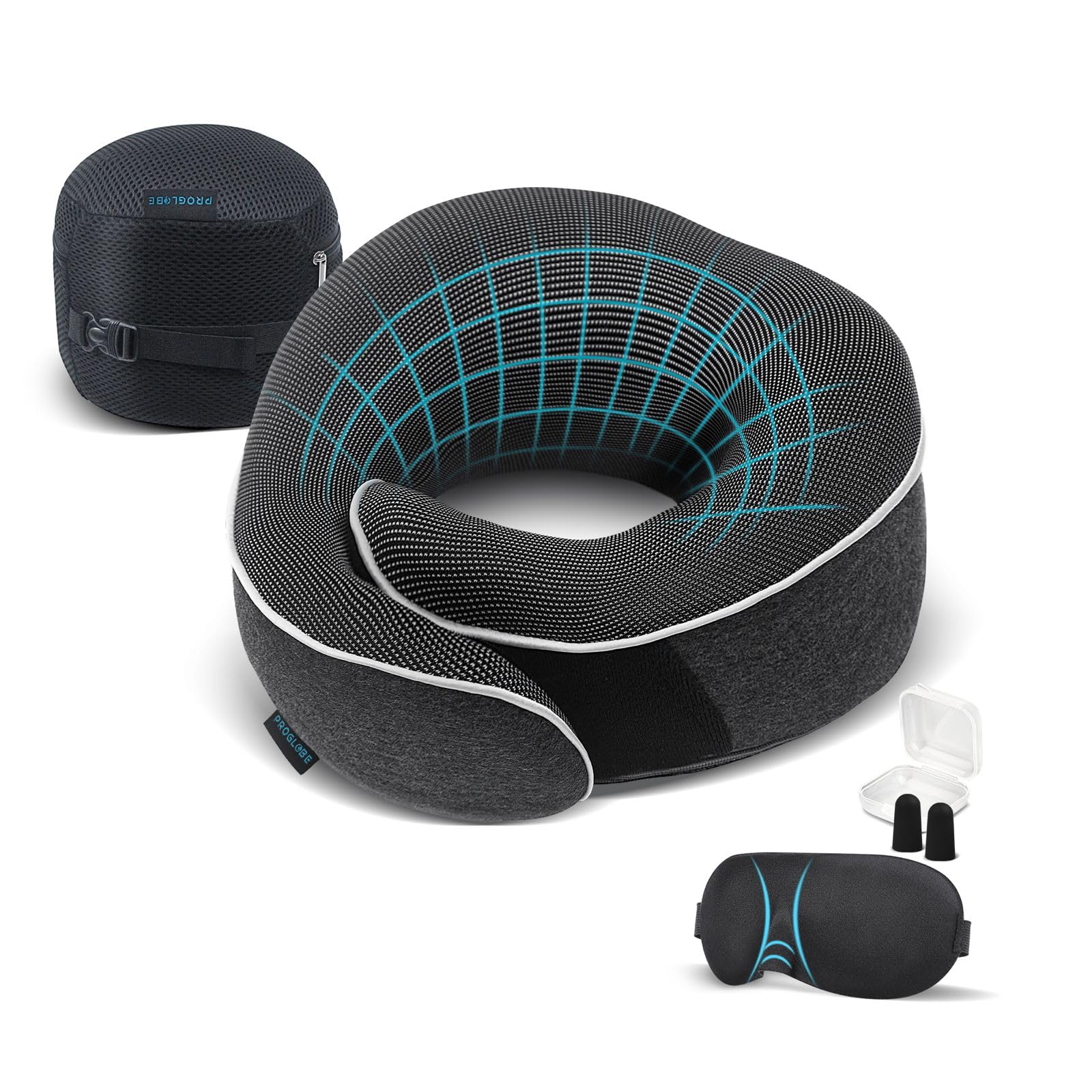 Proglobe Travel Neck Pillow memory foam close-up showing contour support for neck comfort.