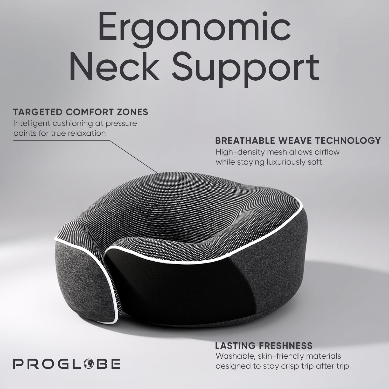 Proglobe neck pillow in mesh carry bag for easy travel.