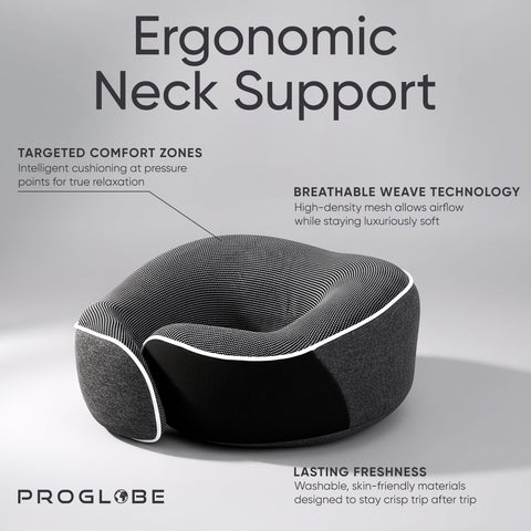Proglobe neck pillow in mesh carry bag for easy travel.