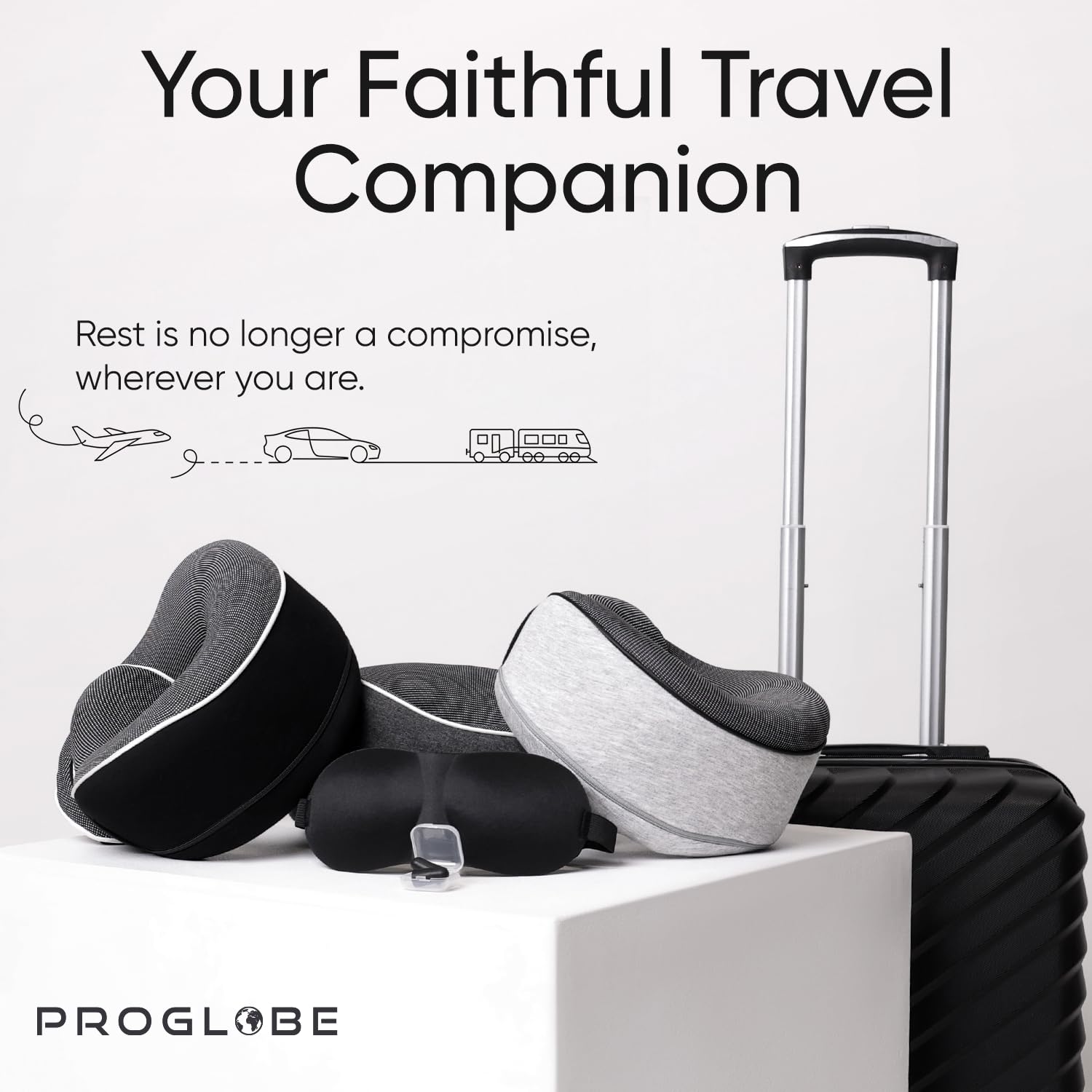 Proglobe travel neck pillow on plane for resting during flight.