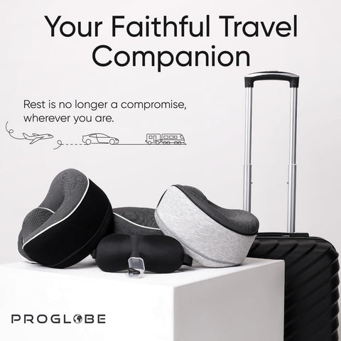 Proglobe travel neck pillow on plane for resting during flight.