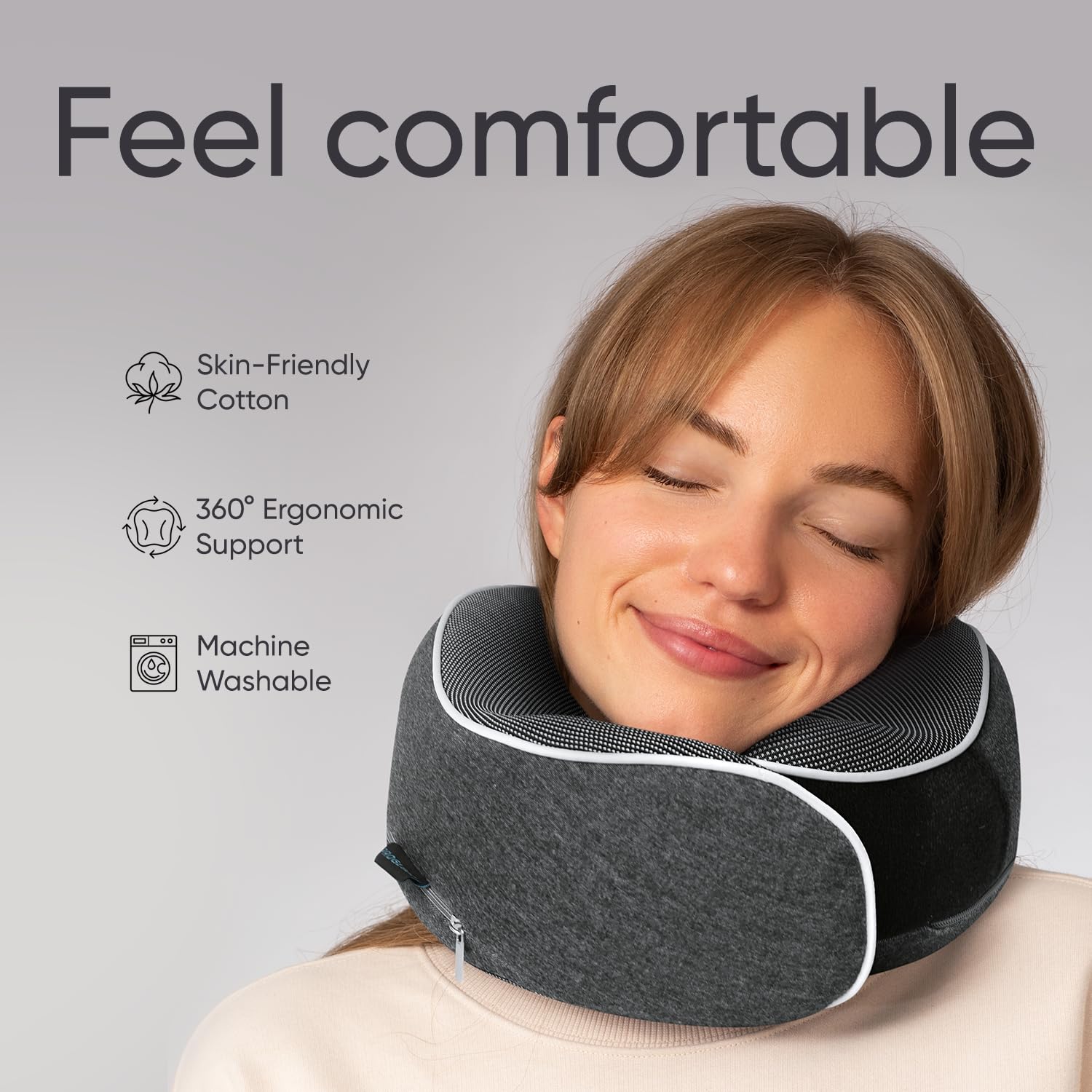 Proglobe Travel Neck Pillow with Velcro adjustment for a customized fit.