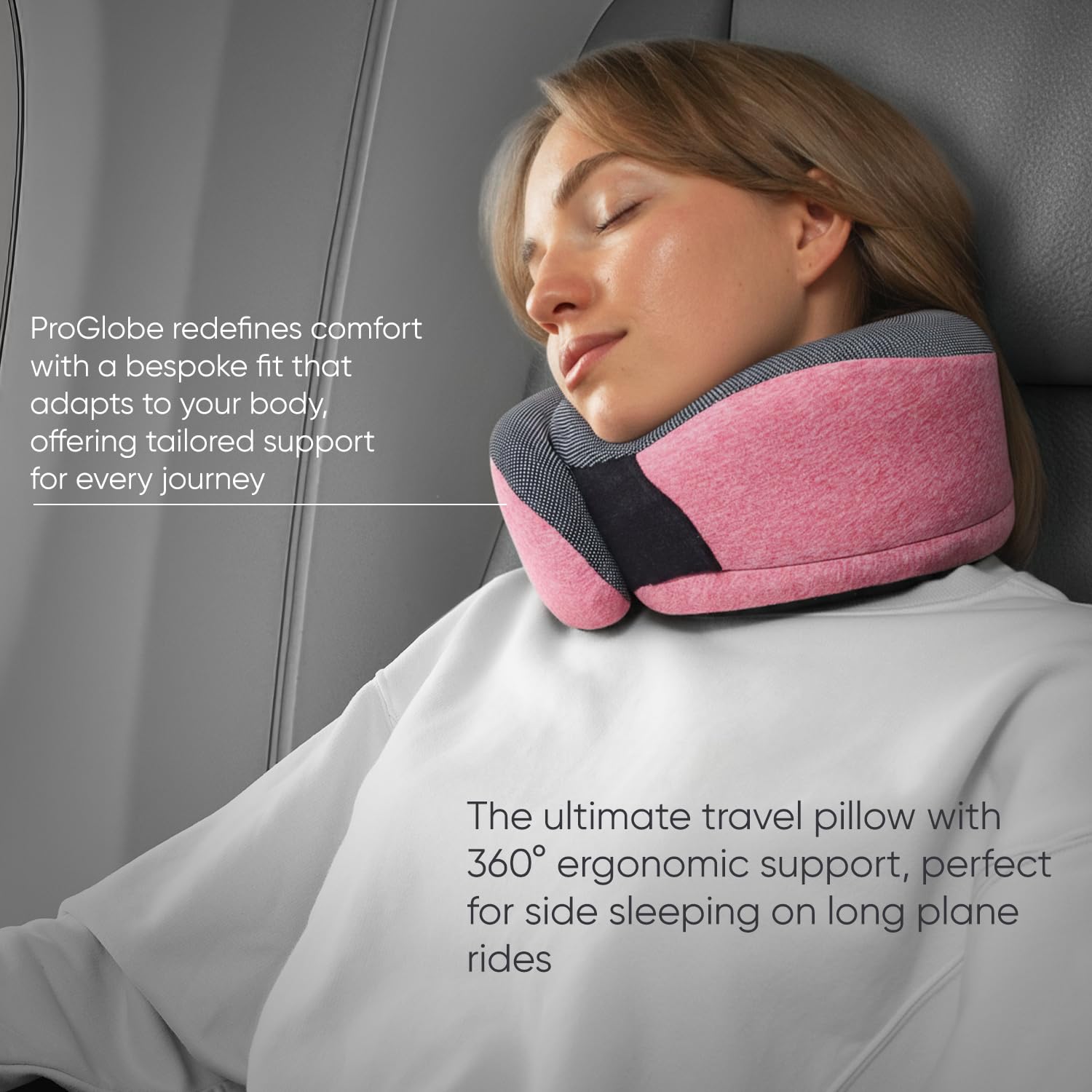 Proglobe Velcro-adjustable neck pillow adapts for different neck sizes.