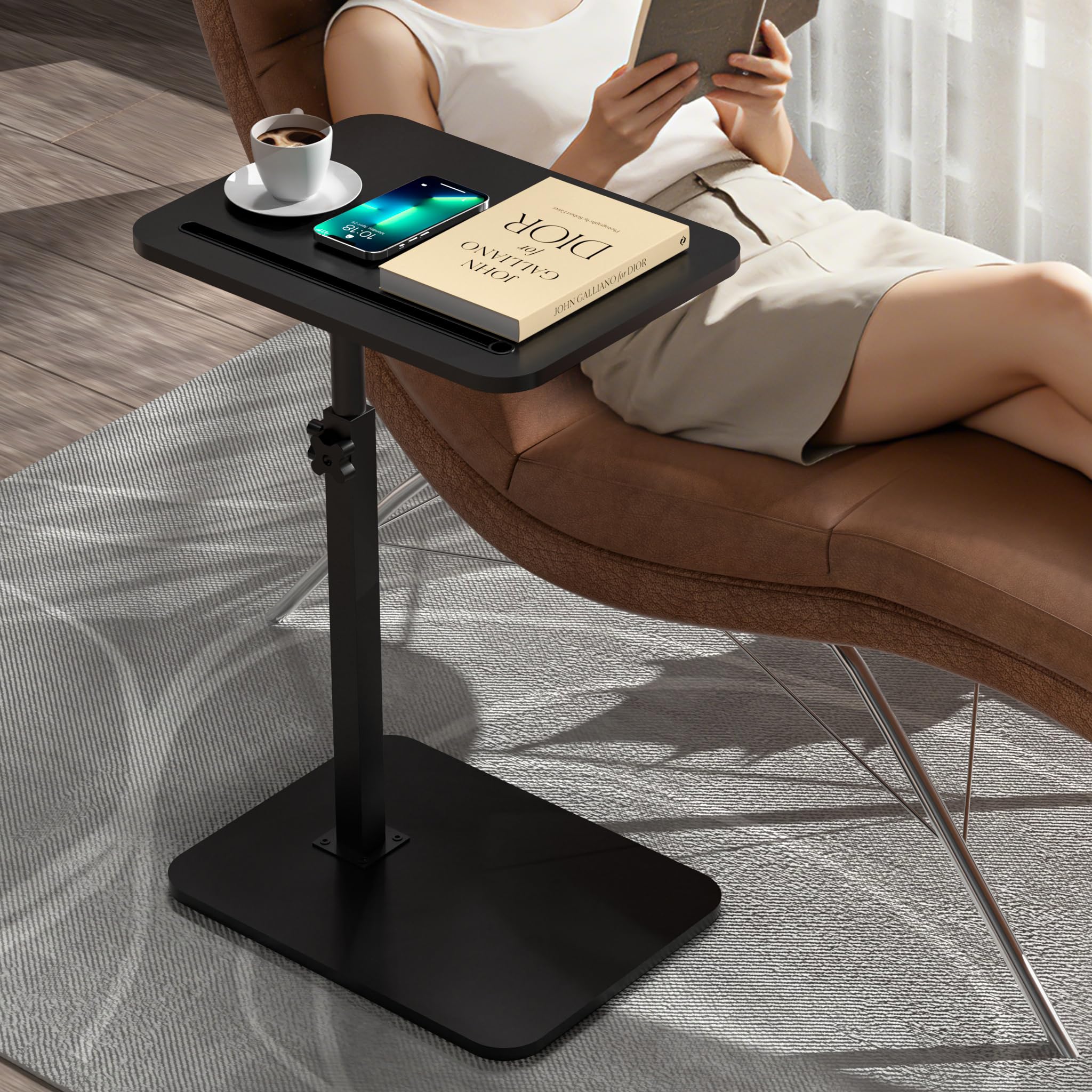 Adjustable height and angle desk improves couch comfort.