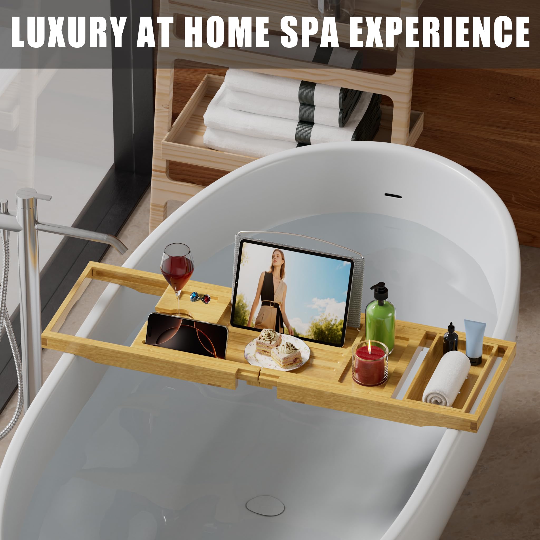 Promitop bamboo bath table expands smoothly for spa-like baths with convenient holders.